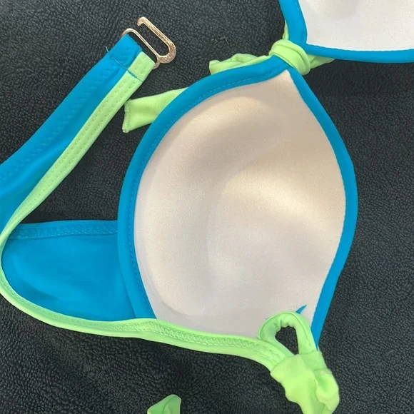 Brand new never worn side tie bikini. Bright turquoise with neon green trim. - Picture 5 of 5